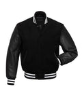 Front view of White Knit Trim Black Varsity Jacket