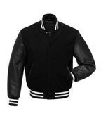Front view of White Knit Trim Black Varsity Jacket