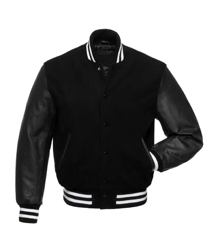 Front view of White Knit Trim Black Varsity Jacket