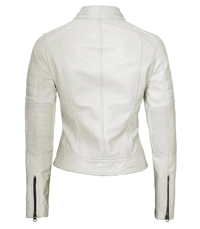 Detail view of Women's Cafe Racer White Leather Jacket