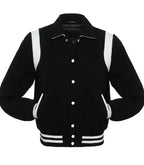 Side view of Black Wool with White Leather Varsity Jacket