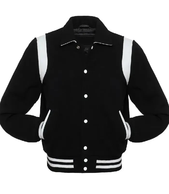 Side view of Black Wool with White Leather Varsity Jacket