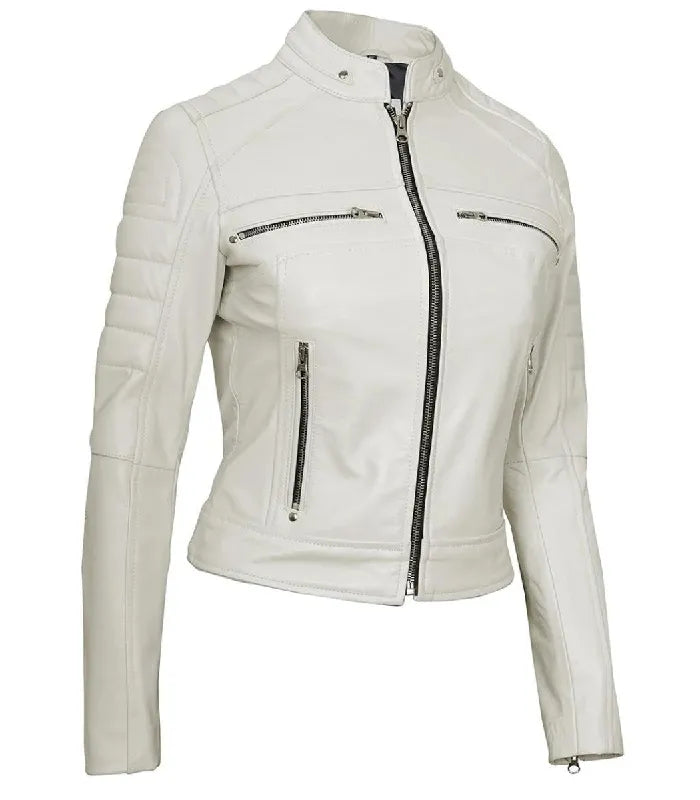 Side view of Women's Cafe Racer White Leather Jacket