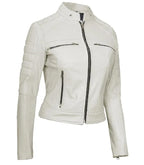 Side view of Women's Cafe Racer White Leather Jacket