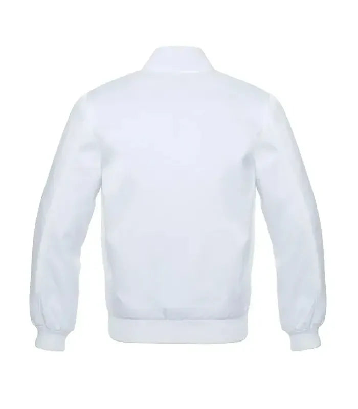 White baseball varsity jacket back view with smooth plain finish, ribbed waistband, and classic athletic jacket silhouette.