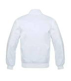 White baseball varsity jacket back view with smooth plain finish, ribbed waistband, and classic athletic jacket silhouette.
