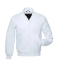 White varsity bomber jacket front view with clean minimal design, snap button closure, and ribbed cuffs for modern streetwear look.