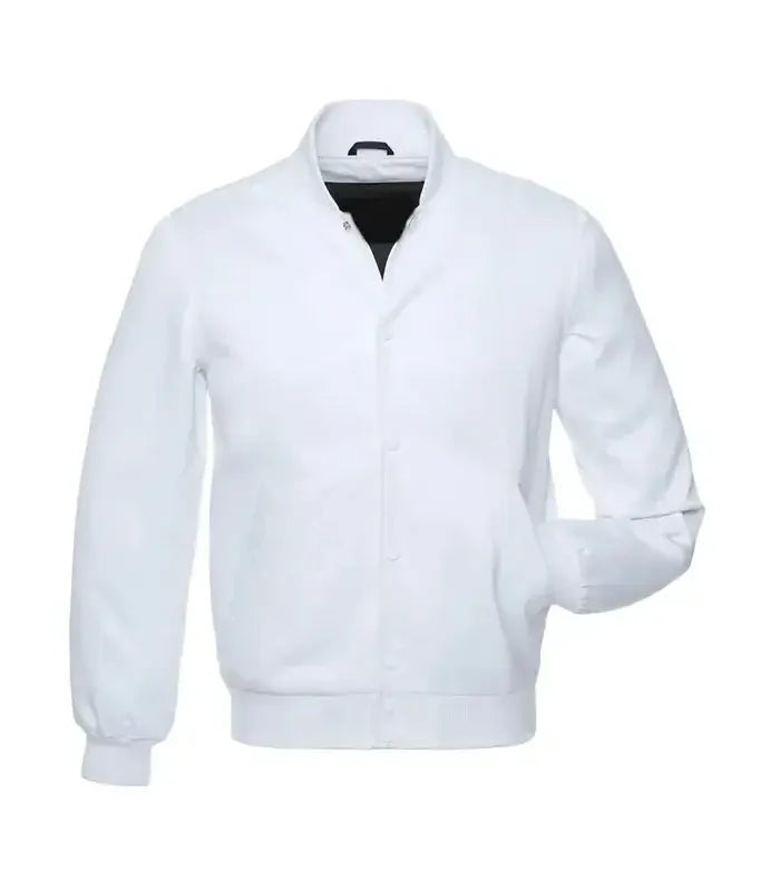 White varsity bomber jacket front view with clean minimal design, snap button closure, and ribbed cuffs for modern streetwear look.