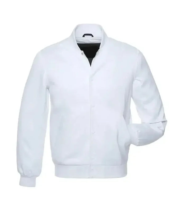 White varsity bomber jacket front view with clean minimal design, snap button closure, and ribbed cuffs for modern streetwear look.