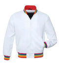 White varsity jacket with rainbow trim on collar, cuffs, and hem for custom team or group wear