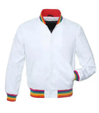 White varsity jacket with rainbow trim on collar, cuffs, and hem for custom team or group wear
