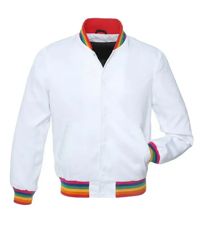 White varsity jacket with rainbow trim on collar, cuffs, and hem for custom team or group wear