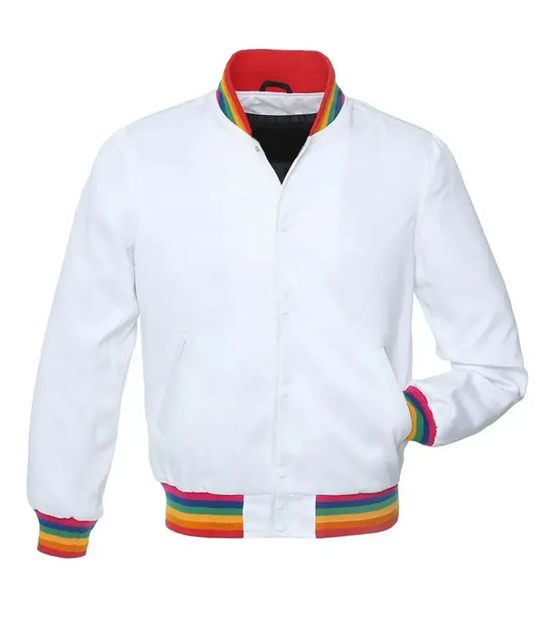 White varsity jacket with rainbow trim on collar, cuffs, and hem for custom team or group wear