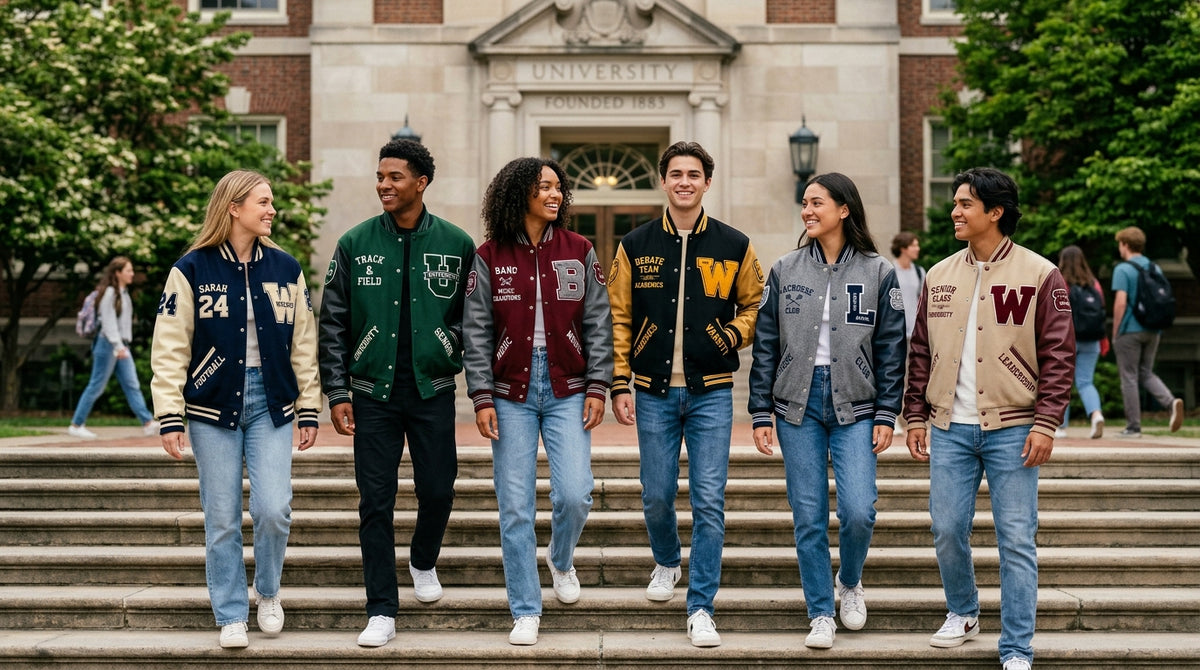 Six university students walk down campus steps wearing customized varsity jackets in various colors and designs, in front of a brick university building.
