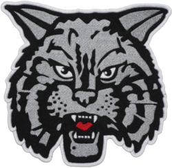 Gray and black wildcat embroidered patch with fierce face, sharp teeth, pointed ears, intense eyes, and red tongue detail.