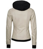Detail view of Women's's Beige Hooded Leather Bomber Jacket