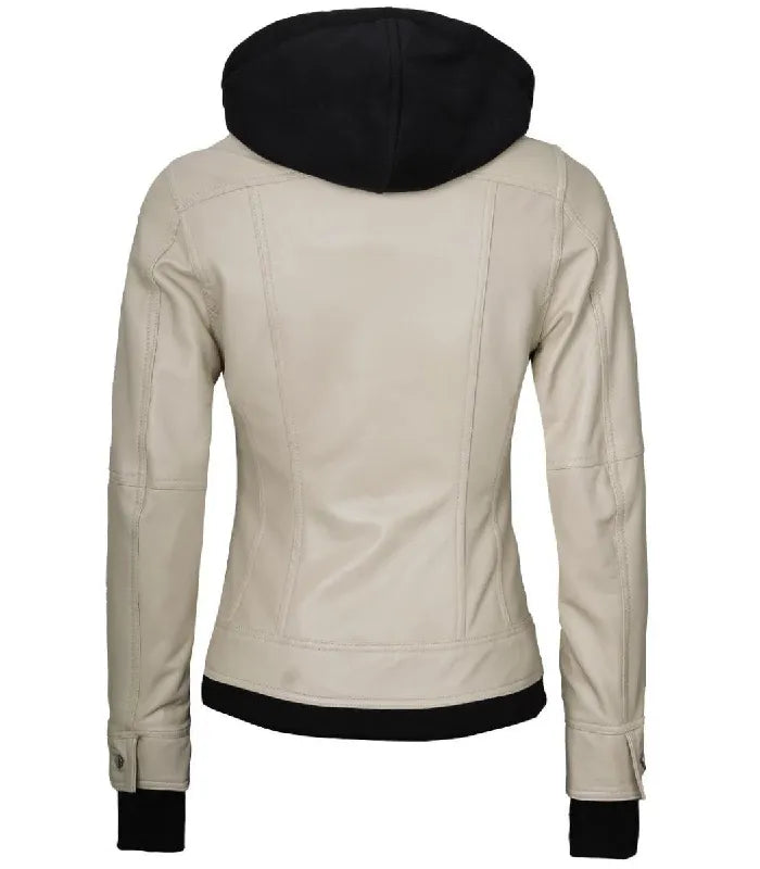 Detail view of Women's's Beige Hooded Leather Bomber Jacket