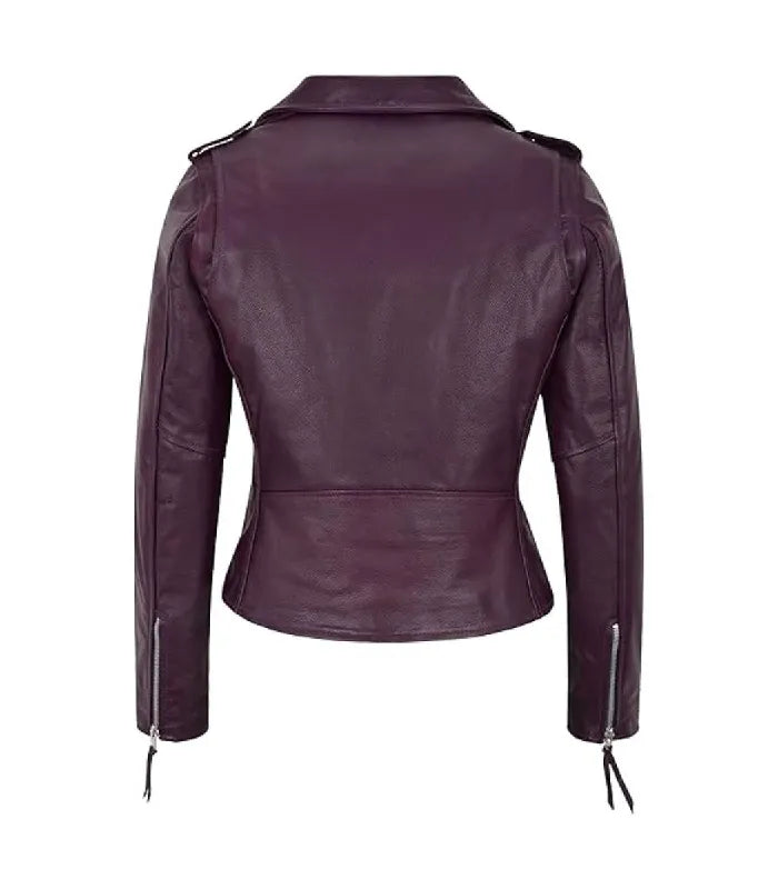 Back view of Women's's Brando Purple Leather Biker Jacket