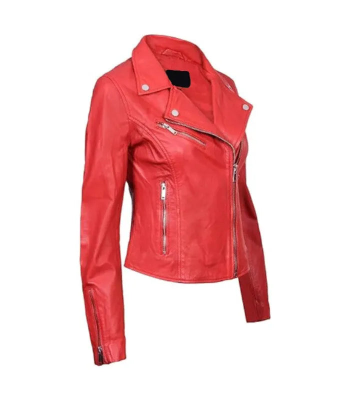 Side view of Women's's Classic Red Leather Biker Jacket