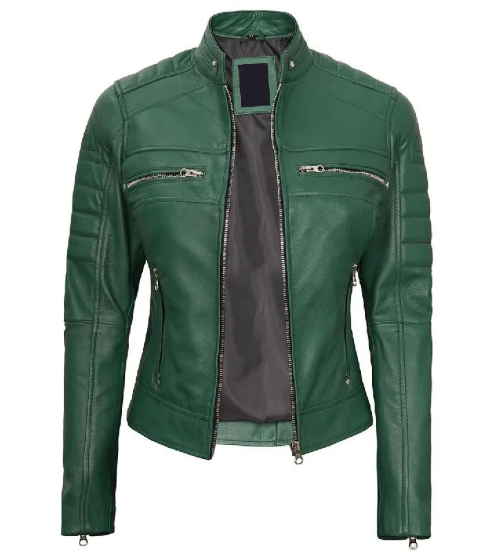Back view of Women's Cafe Racer Green Leather Jacket