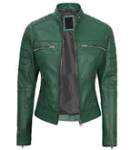 Back view of Women's Cafe Racer Green Leather Jacket