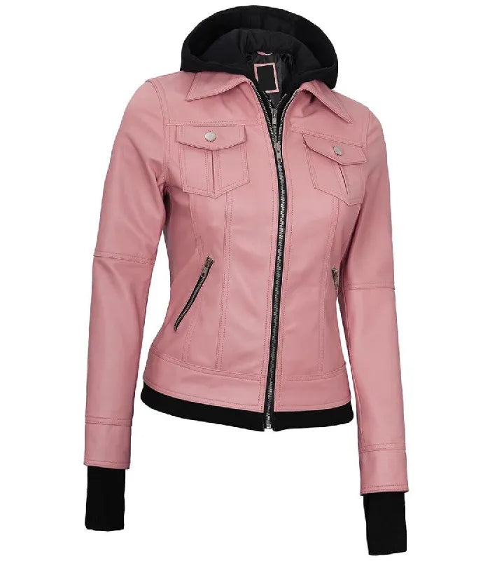 Side view of Women's's Pink Hooded Leather Bomber Jacket