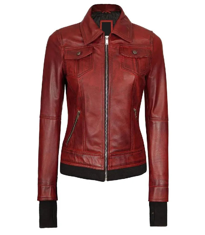 Close-up detail of Women's's Red Hooded Leather Bomber Jacket