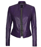 Back view of Women's's Purple Leather Cafe Racer Jacket