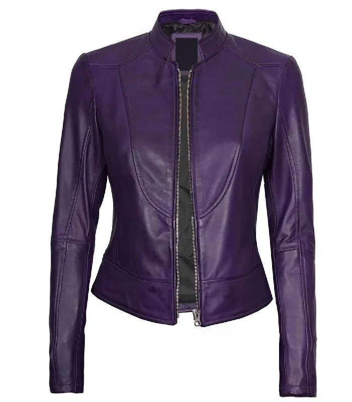 Back view of Women's's Purple Leather Cafe Racer Jacket