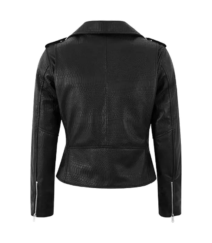 Back view of Black Snake-Embossed Leather Biker Jacket