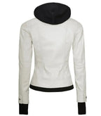 Detail view of Women's's White Hooded Leather Bomber Jacket