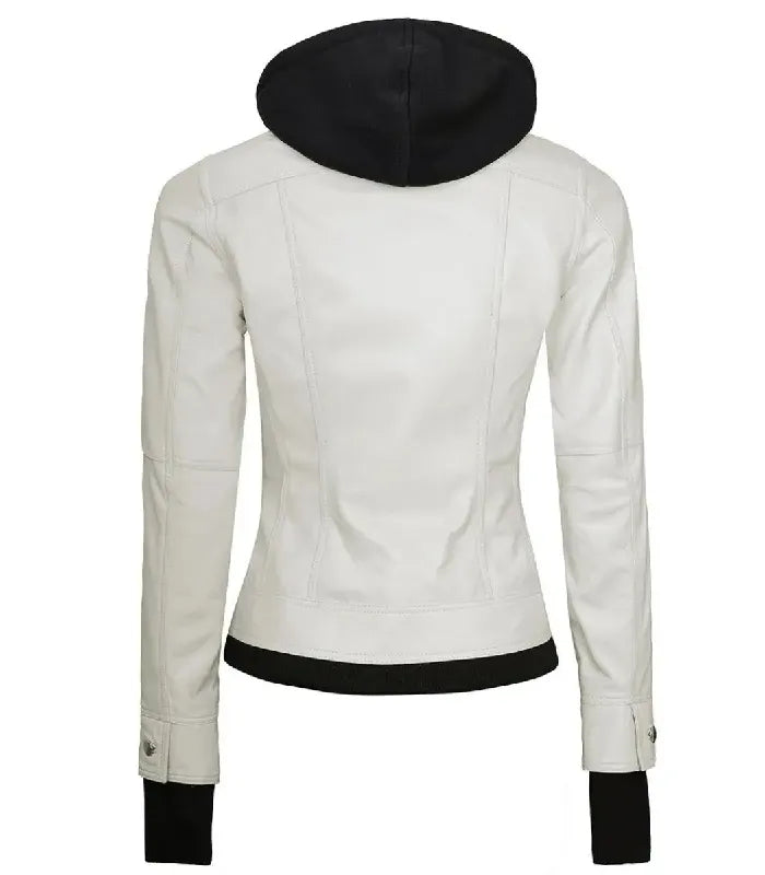 Detail view of Women's's White Hooded Leather Bomber Jacket