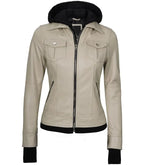 Back view of Women's's Beige Hooded Leather Bomber Jacket
