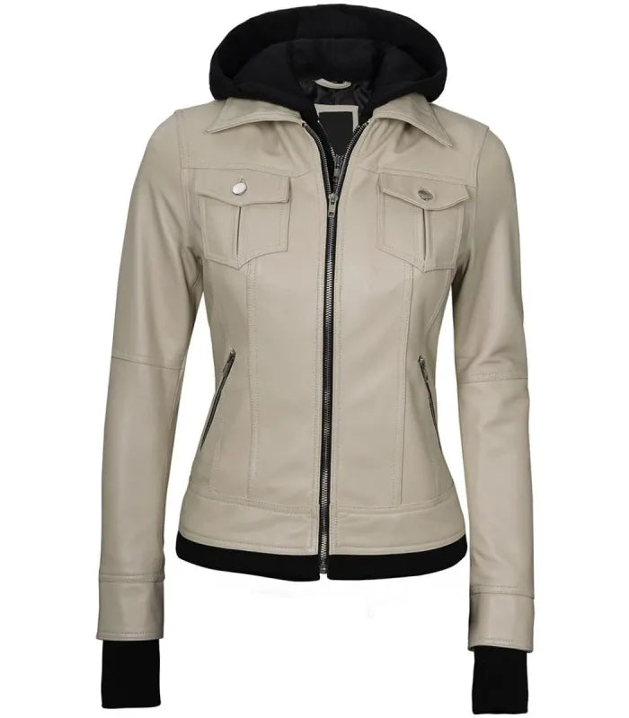 Back view of Women's's Beige Hooded Leather Bomber Jacket