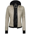 Front view of Women's's Beige Hooded Leather Bomber Jacket