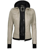 Front view of Women's's Beige Hooded Leather Bomber Jacket