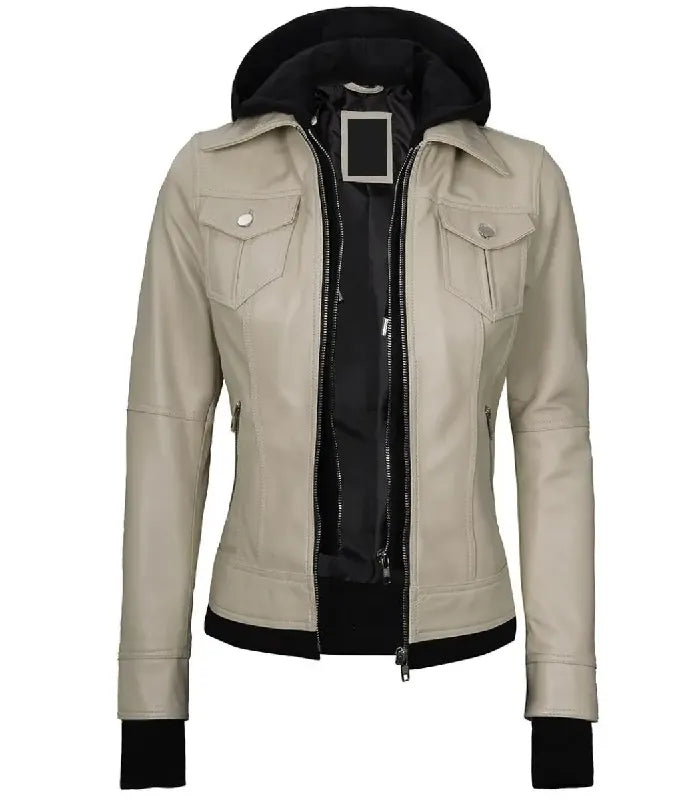 Front view of Women's's Beige Hooded Leather Bomber Jacket