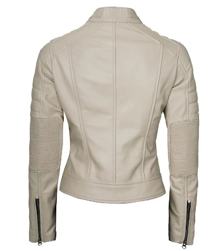 Detail view of Women's Cafe Racer Beige Leather Jacket in Green
