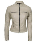 Front view of Women's Cafe Racer Beige Leather Jacket in Green