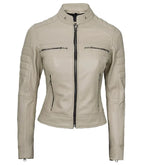 Front view of Women's Cafe Racer Beige Leather Jacket in Green