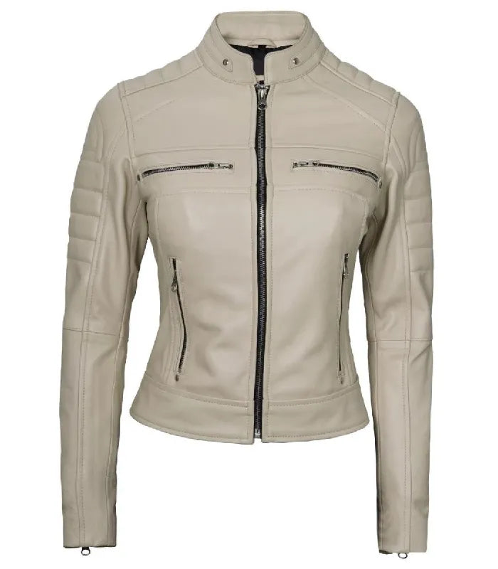 Front view of Women's Cafe Racer Beige Leather Jacket in Green