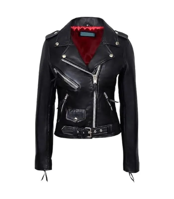 Front view of Black Leather Biker Jacket with Red Lining