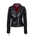Front view of Black Leather Biker Jacket with Red Lining