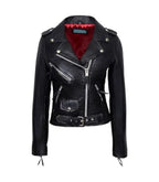 Front view of Black Leather Biker Jacket with Red Lining