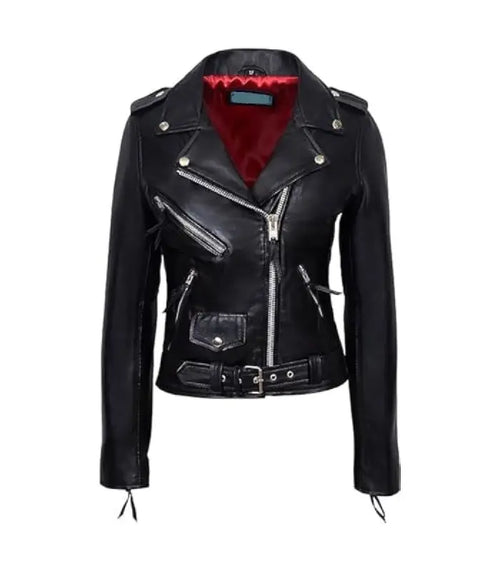 Front view of Black Leather Biker Jacket with Red Lining