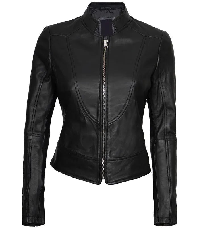 Front view of Women's's Black Leather Cafe Racer Jacket