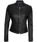 Front view of Women's's Black Leather Cafe Racer Jacket