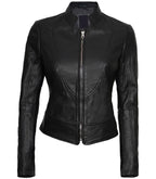 Front view of Women's's Black Leather Cafe Racer Jacket