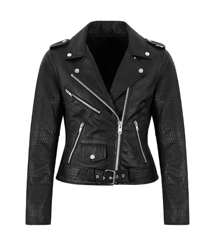 Front view of Black Snake-Embossed Leather Biker Jacket