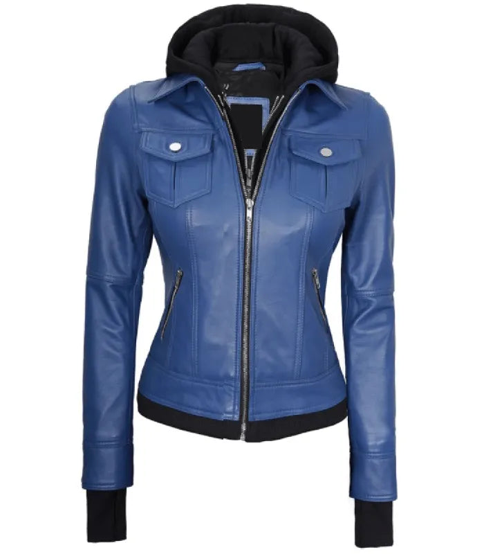 Back view of Women's's Blue Hooded Leather Bomber Jacket